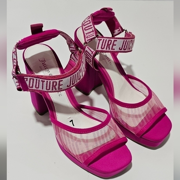 Juicy Couture Gramercy Mesh Hot Pink Heel Logo Platform Block Heel Chunky - Picture 1 of 10